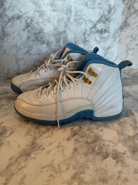 Jordan 12 White and Sky Blue Leather Basketball Shoes